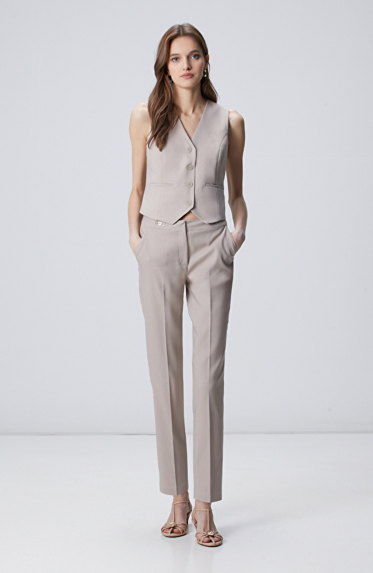 Vizon Basic Dar Paça Metal Aksesuarlı Pantolon