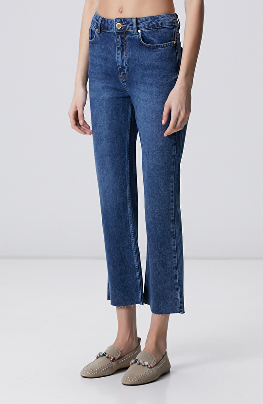 Indigo Kesik Paça Denim Pantolon