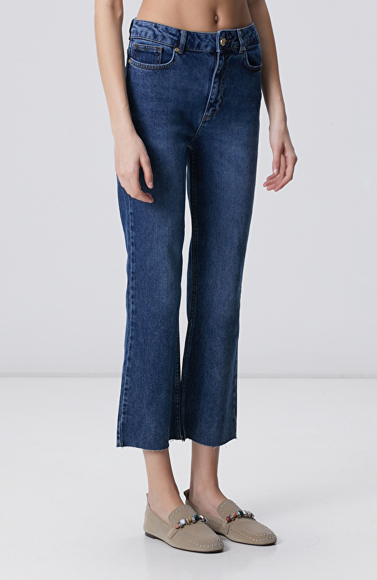 Indigo Kesik Paça Denim Pantolon