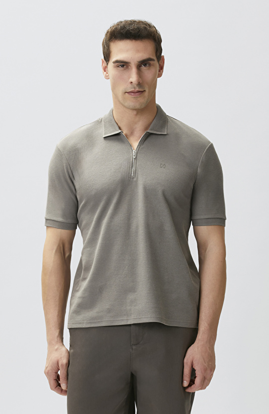 Vizon Fermuarlı Polo Yaka Jakarlı T-shirt