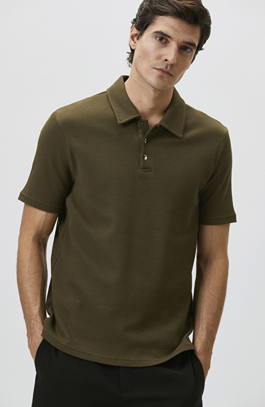 Slim Fit Khaki Polo Neck Waffle T-shirt
