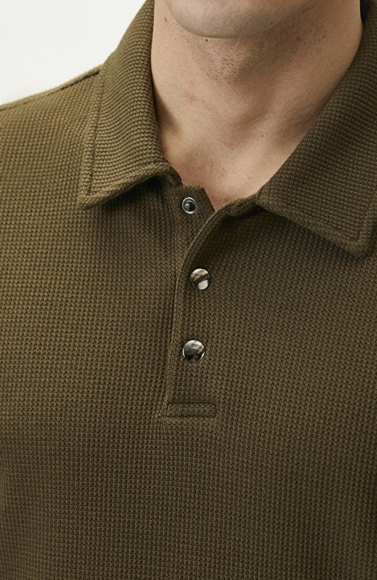 Slim Fit Khaki Polo Neck Waffle T-shirt