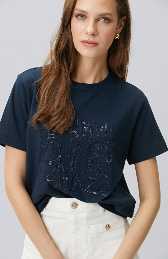 Lacivert Nakış Detaylı T-shirt