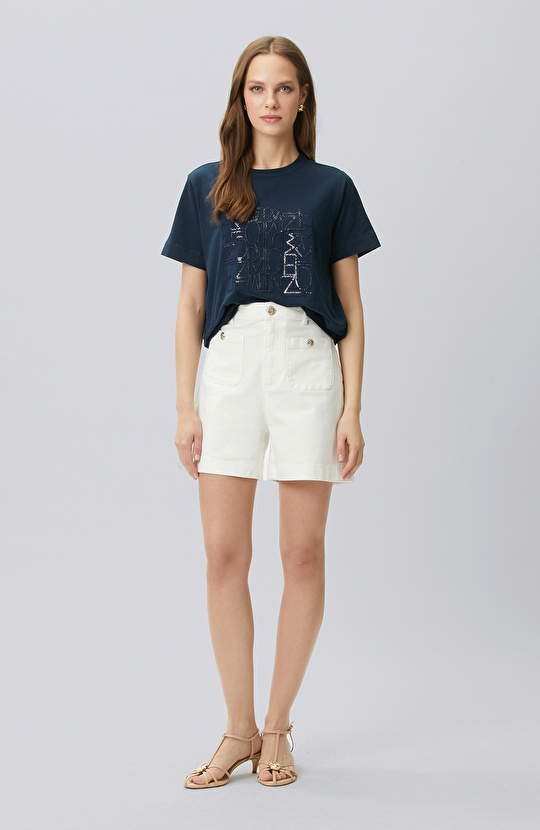 Lacivert Nakış Detaylı T-shirt