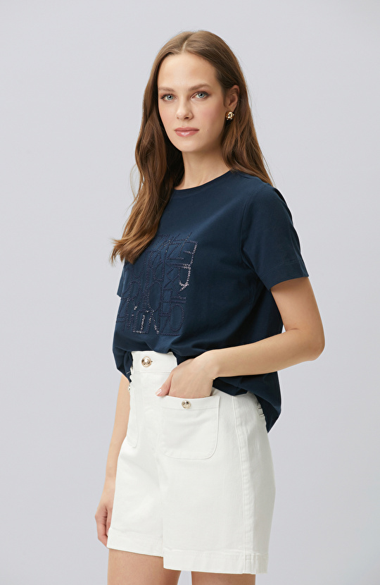 Lacivert Nakış Detaylı T-shirt