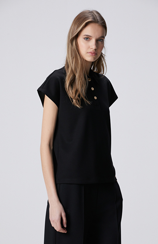 Siyah Polo Yaka Çıtçıt Detaylı Kısa Kol Sweatshirt