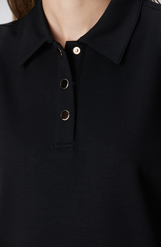 Siyah Polo Yaka Çıtçıt Detaylı Kısa Kol Sweatshirt