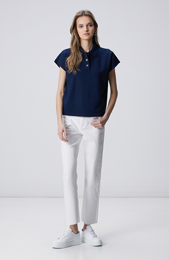 Lacivert Polo Yaka Çıtçıt Detaylı Kısa Kol Sweatshirt