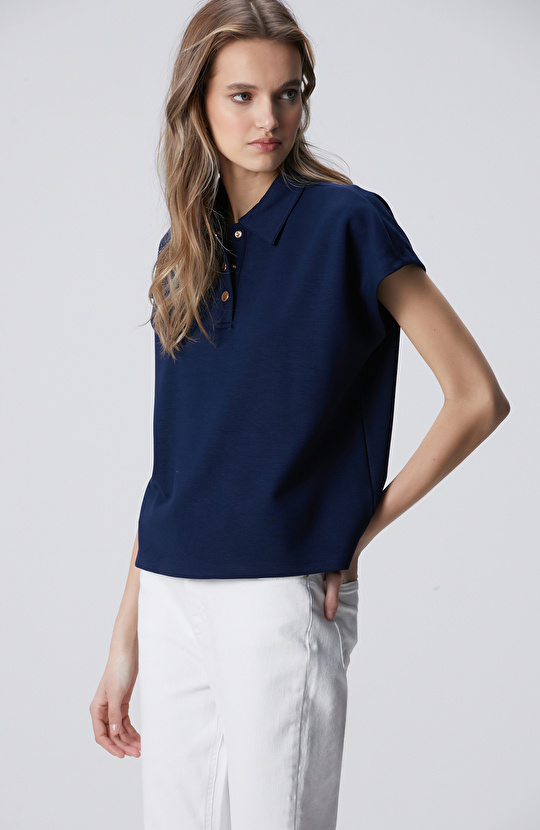 Lacivert Polo Yaka Çıtçıt Detaylı Kısa Kol Sweatshirt