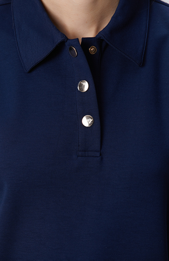 Lacivert Polo Yaka Çıtçıt Detaylı Kısa Kol Sweatshirt