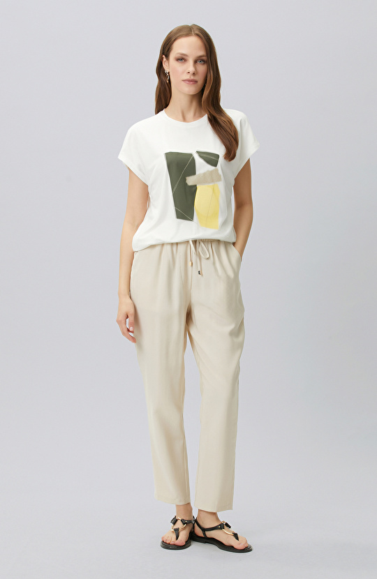 Off White Tulle Garnish Printed T-shirt