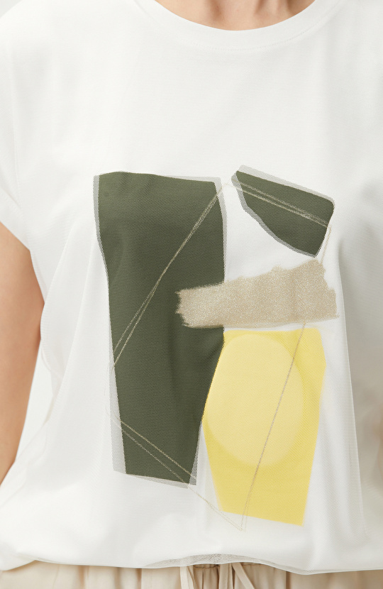 Off White Tulle Garnish Printed T-shirt