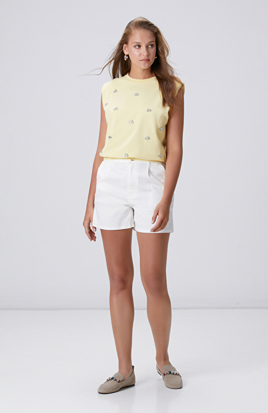 Sarı Bisiklet Yaka İri Taş Baskı Detaylı T-shirt