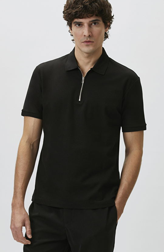Slim Fit Black Polo Neck Jacquard Pique T-shirt