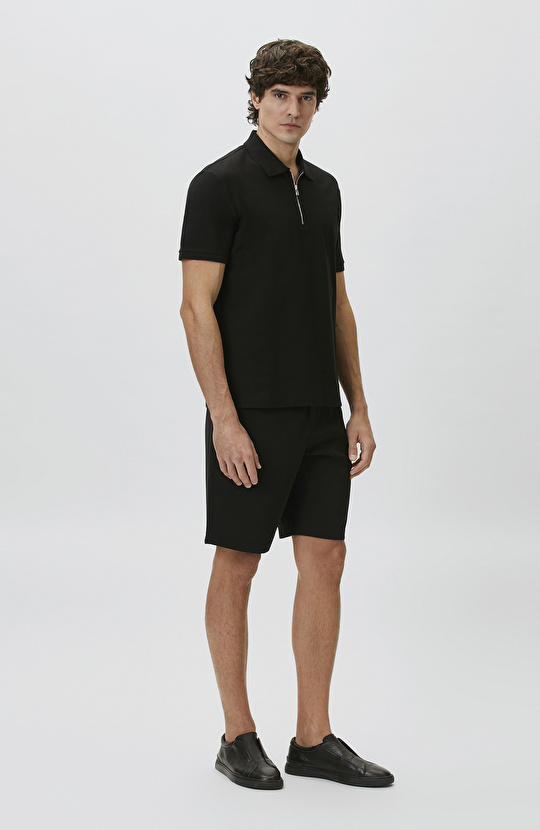 Slim Fit Black Polo Neck Jacquard Pique T-shirt
