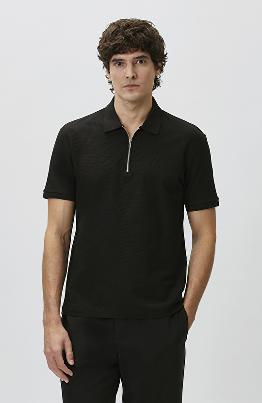 Slim Fit Black Polo Neck Jacquard Pique T-shirt
