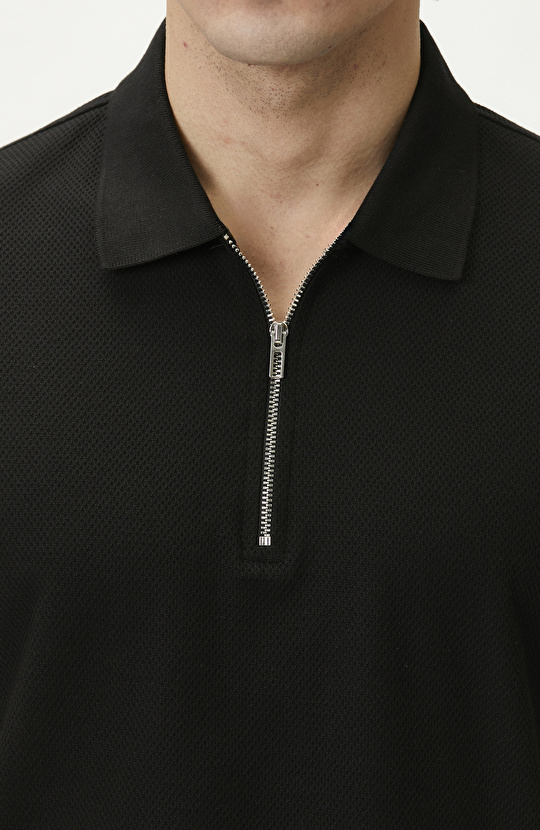 Slim Fit Black Polo Neck Jacquard Pique T-shirt