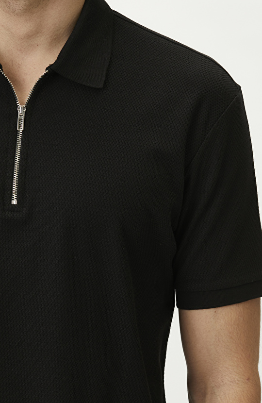 Slim Fit Black Polo Neck Jacquard Pique T-shirt