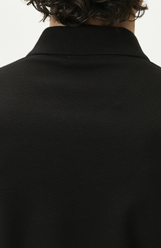 Slim Fit Black Polo Neck Jacquard Pique T-shirt