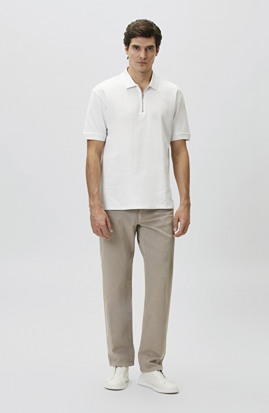 Slim Fit White Polo Neck Jacquard Pique T-shirt