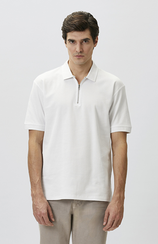 Slim Fit White Polo Neck Jacquard Pique T-shirt