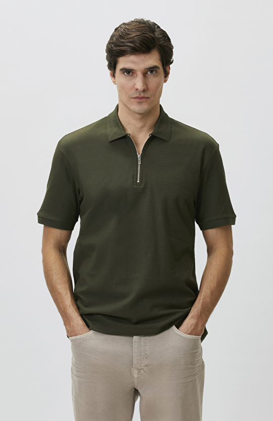 Slim Fit Khaki Polo Neck Jacquard Pique T-shirt