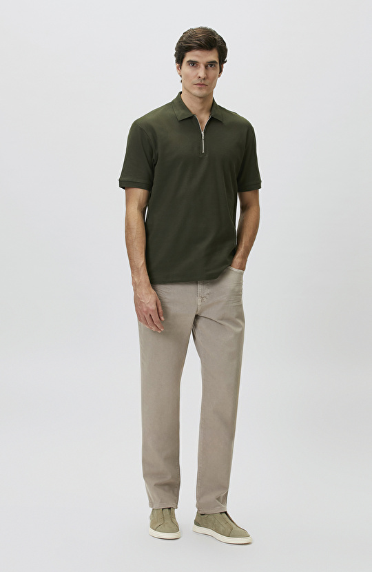 Slim Fit Khaki Polo Neck Jacquard Pique T-shirt