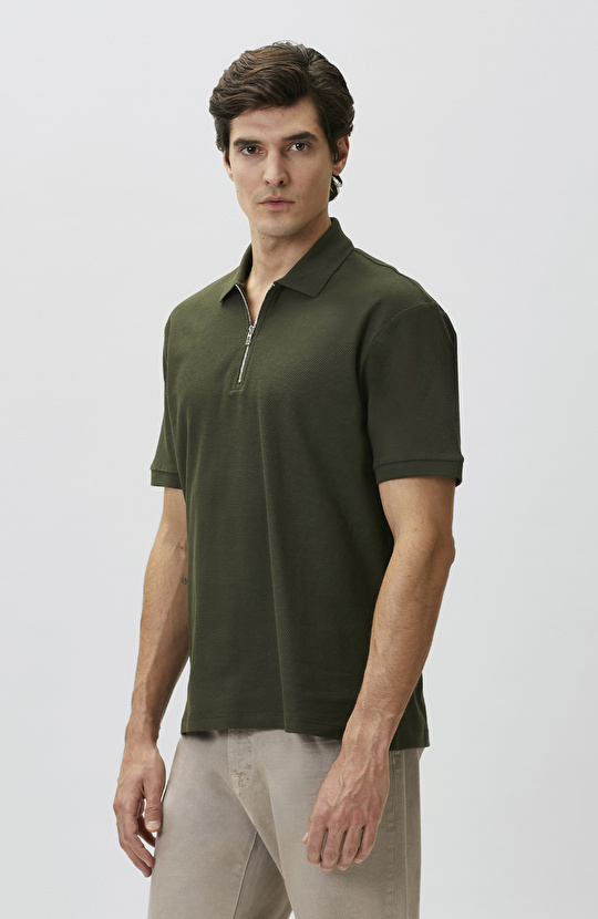 Slim Fit Khaki Polo Neck Jacquard Pique T-shirt