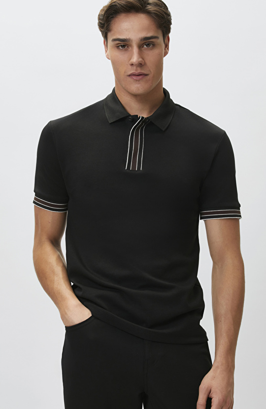 Siyah Gizli Patlı Polo Yaka Garnili T-shirt