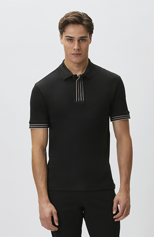 Siyah Gizli Patlı Polo Yaka Garnili T-shirt