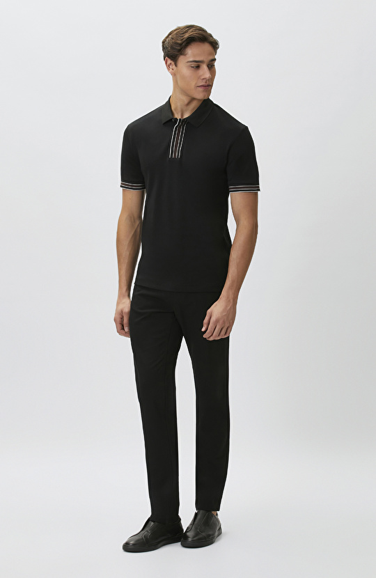 Siyah Gizli Patlı Polo Yaka Garnili T-shirt