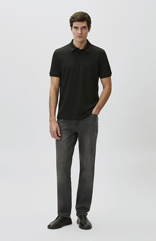 Comfort Fit Siyah Basic Polo Yaka Modal T-shirt