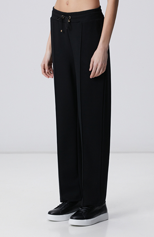 Siyah Beli Lastikli Nervürlü Boru Paça Eşofman Alt