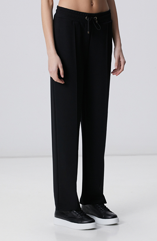 Siyah Beli Lastikli Nervürlü Boru Paça Eşofman Alt