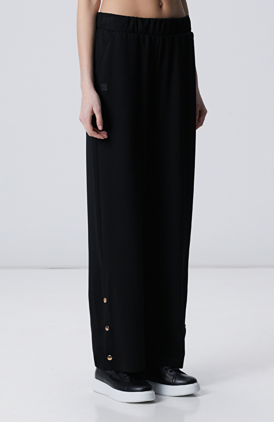 Siyah Geniş Paça Çıtçıt Düğme Eşofman