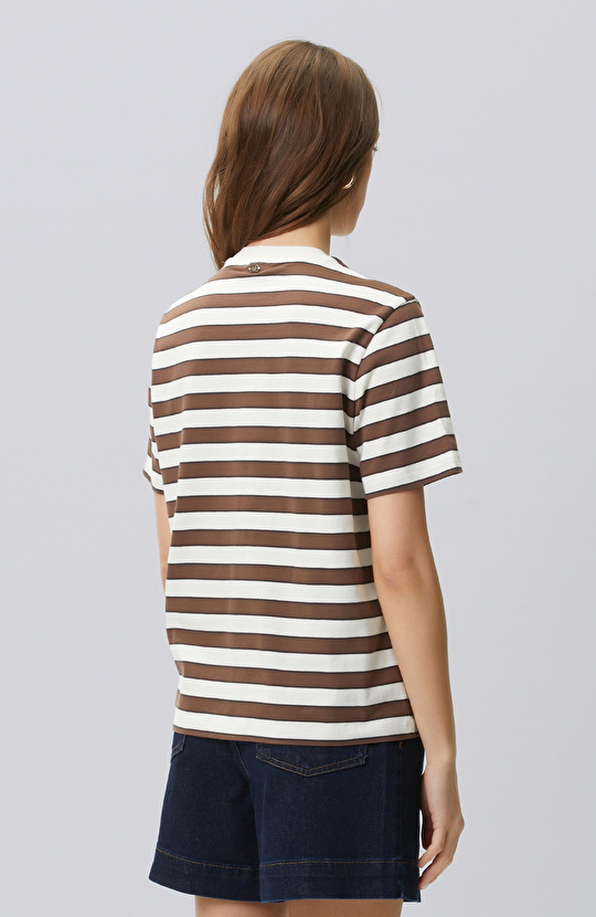 Kahve Beyaz Bisiklet Yaka Çizgi Raporlu T-shirt
