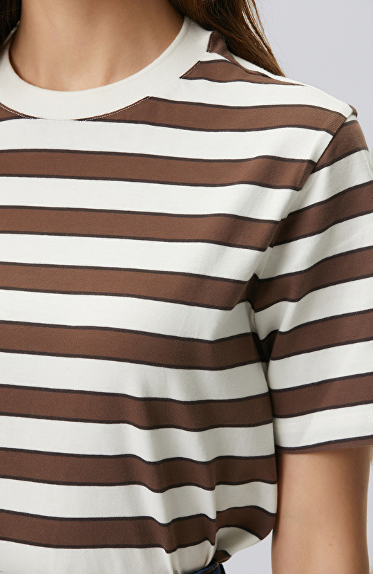 Kahve Beyaz Bisiklet Yaka Çizgi Raporlu T-shirt