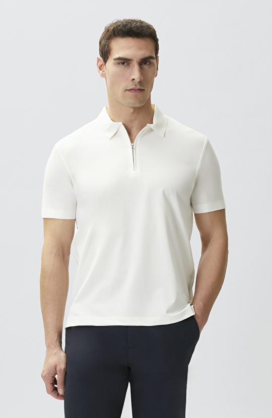 Beyaz Fermuarlı Cupro Modal T-shirt
