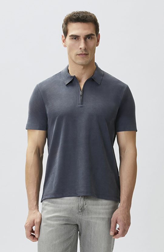 Lacivert Fermuarlı Cupro Modal T-shirt