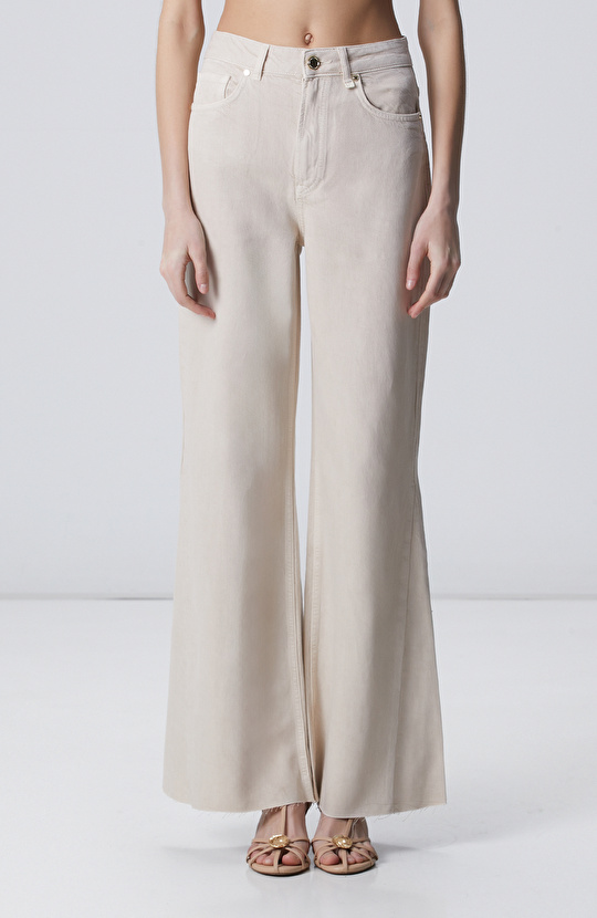Açık Bej Wide Leg Denim Pantolon