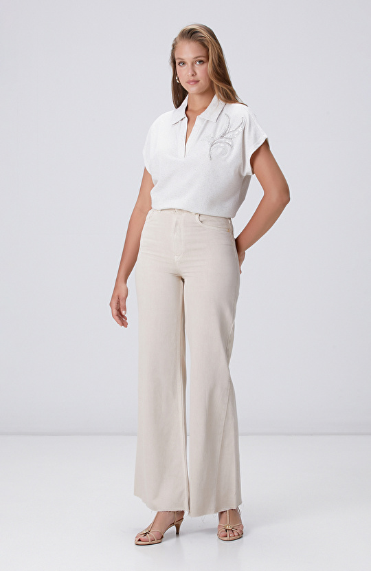 Bej Melanj Payet Nakış Detaylı T-shirt