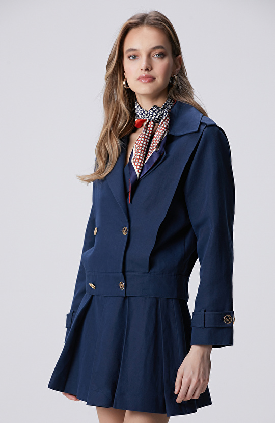 Lacivert Keten Karışımlı Pardösü