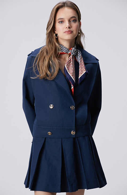 Lacivert Keten Karışımlı Pardösü