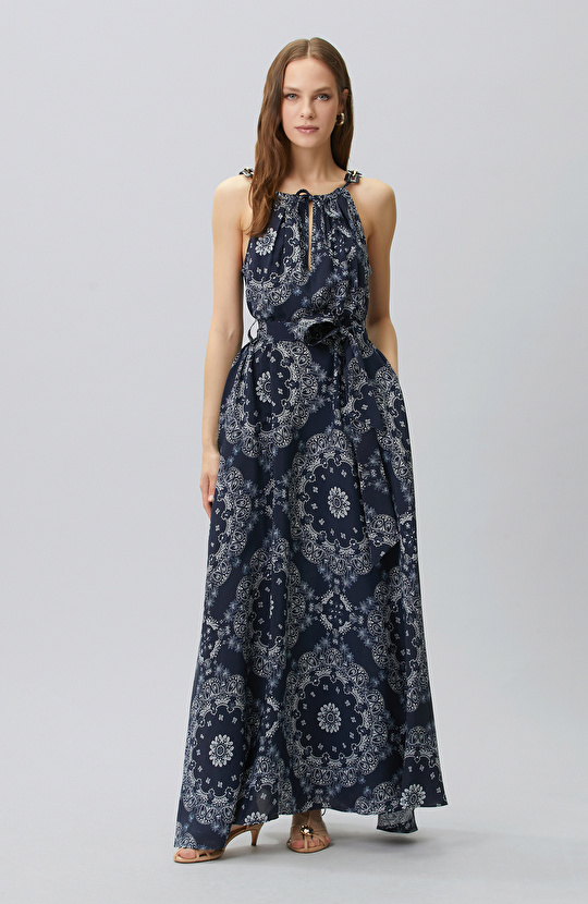 Navy Blue White Paisley Dress