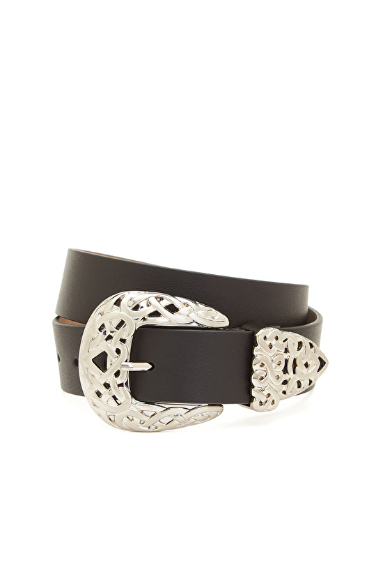 Siyah Bohem Toka Detaylı Kadın Deri Kemer