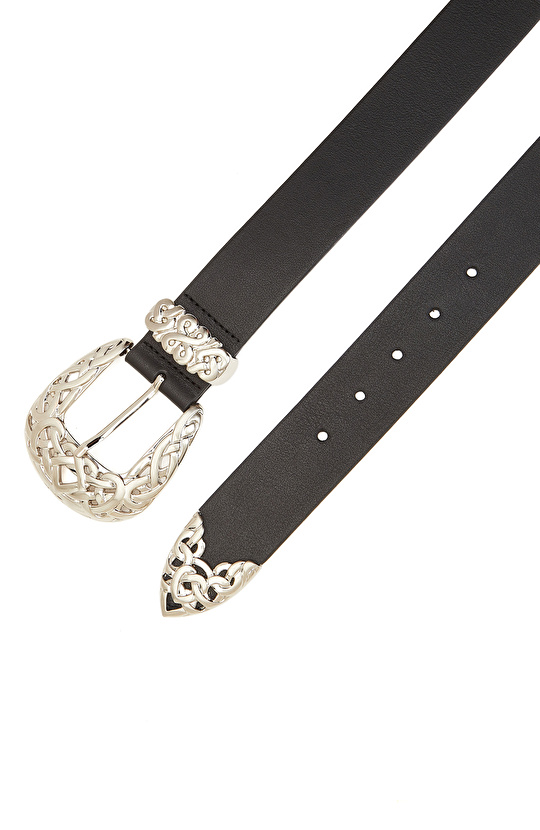 Siyah Bohem Toka Detaylı Kadın Deri Kemer