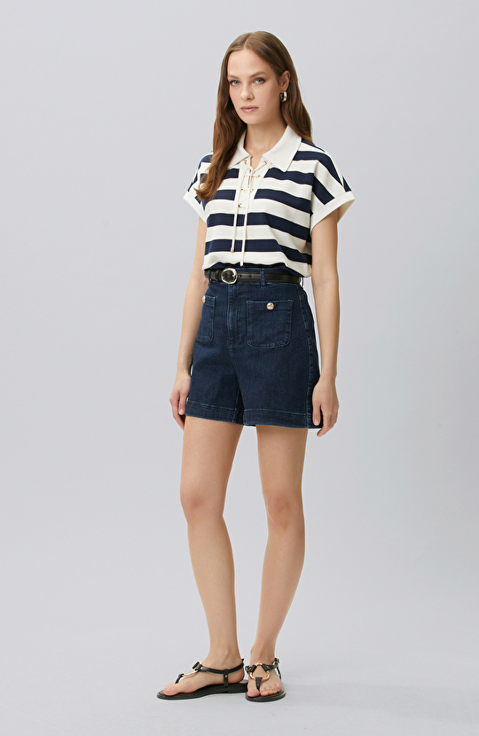Navy Blue White Striped Lace-up Polo T-shirt