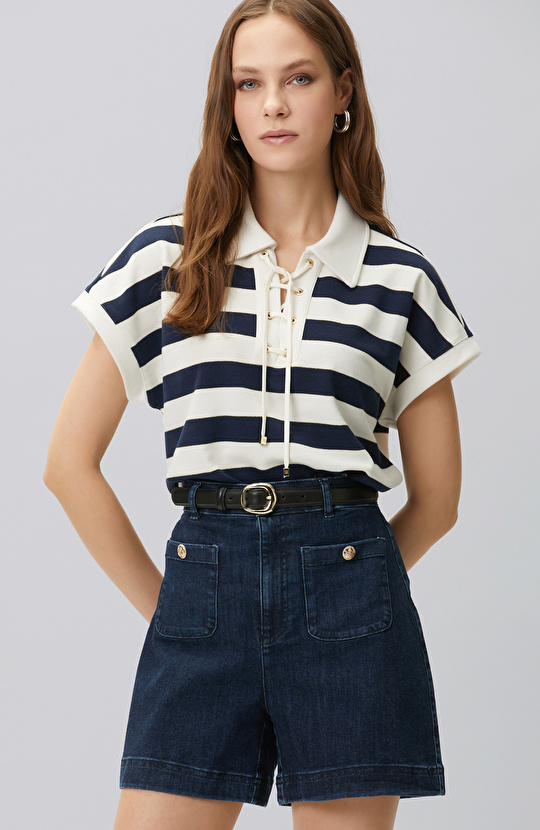 Navy Blue White Striped Lace-up Polo T-shirt