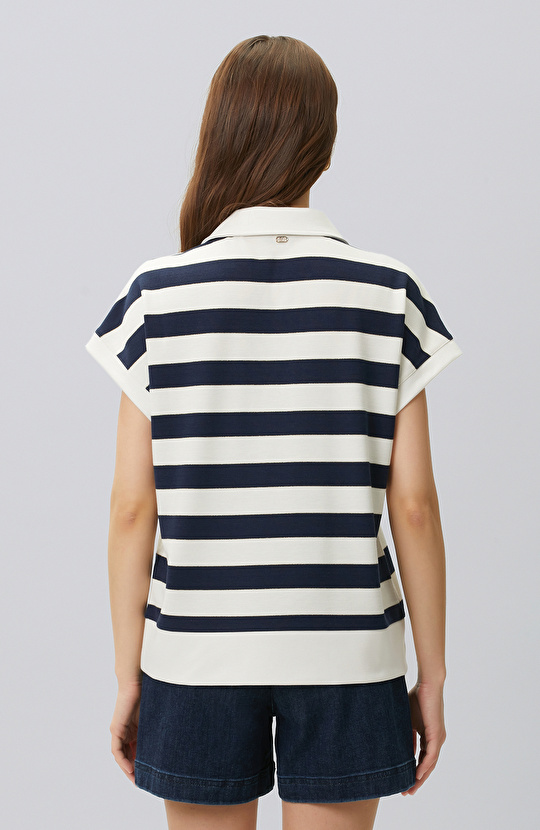 Navy Blue White Striped Lace-up Polo T-shirt