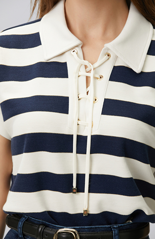 Navy Blue White Striped Lace-up Polo T-shirt